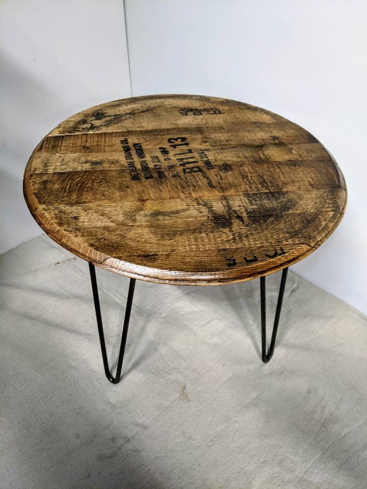 Bourbon Barrel Top Side Table (Hairpin) - Engraved Logo - Image 6