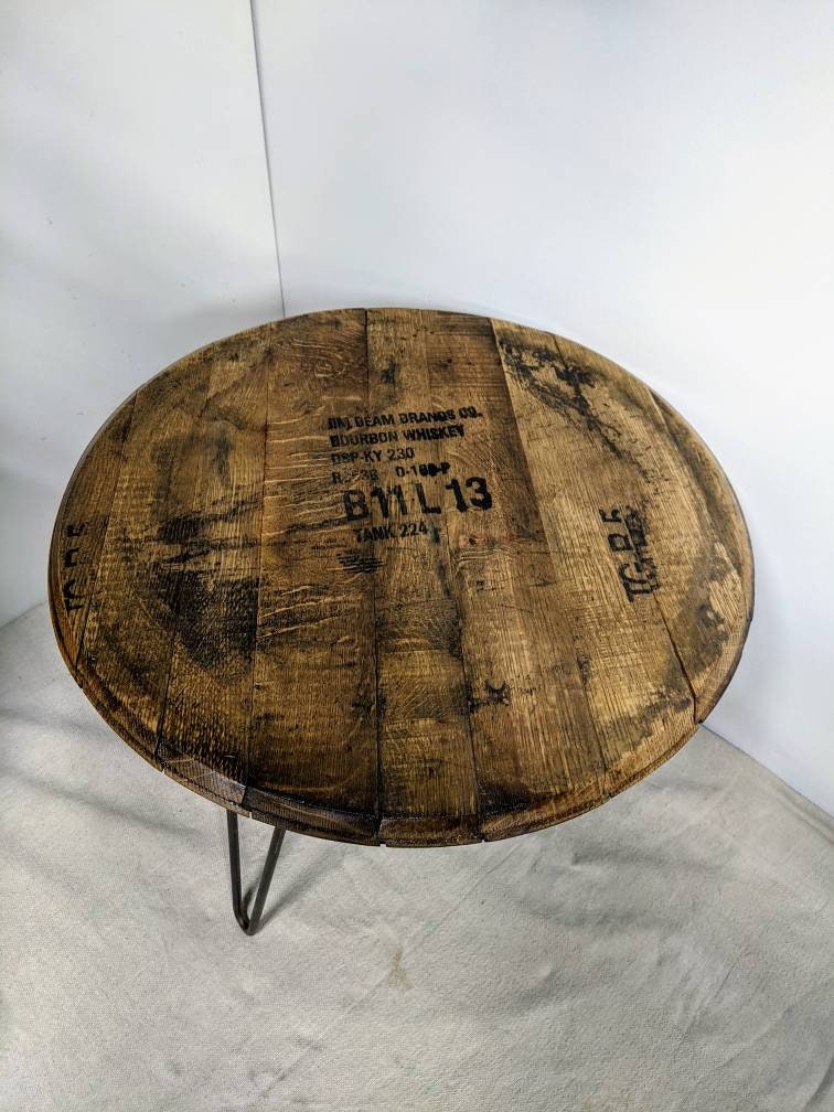 Bourbon Barrel Top Side Table (Hairpin) - Engraved Logo - Image 3