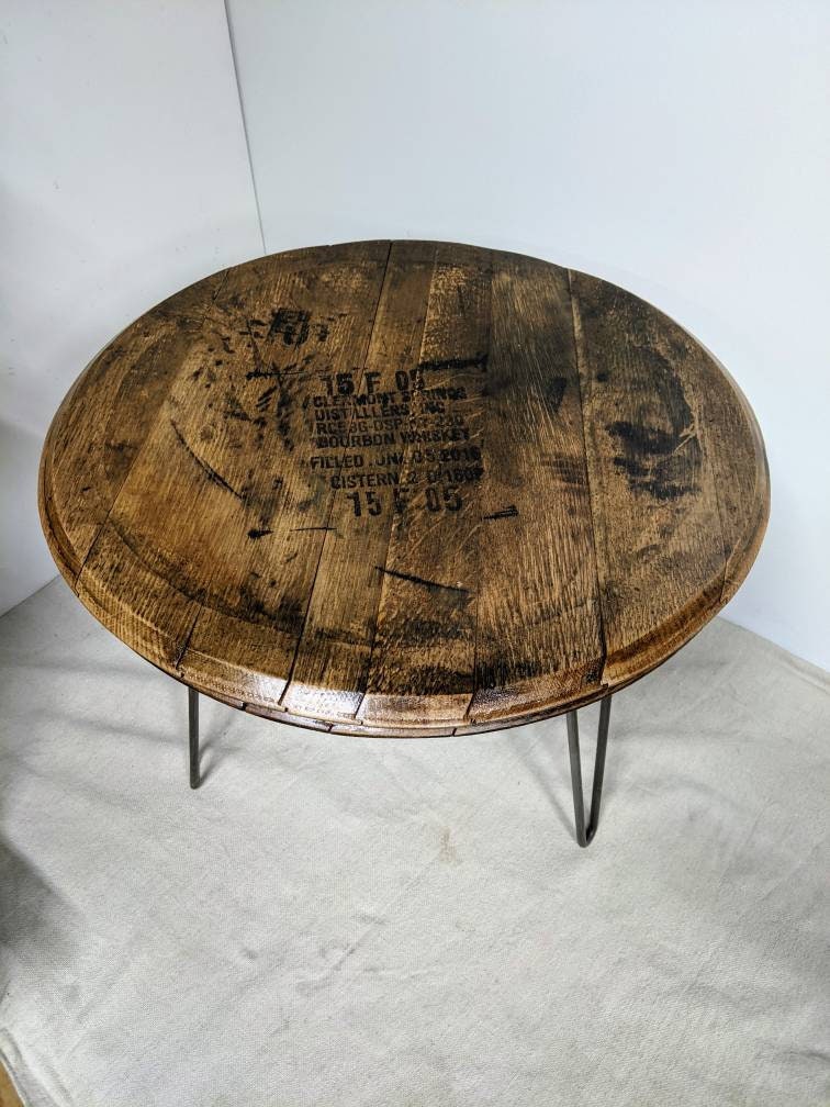 Bourbon Barrel Top Side Table (Hairpin) - Engraved Logo - Image 2