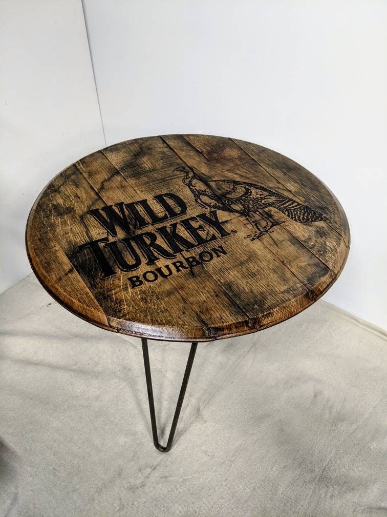 Bourbon Barrel Top Side Table (Hairpin) - Engraved Logo