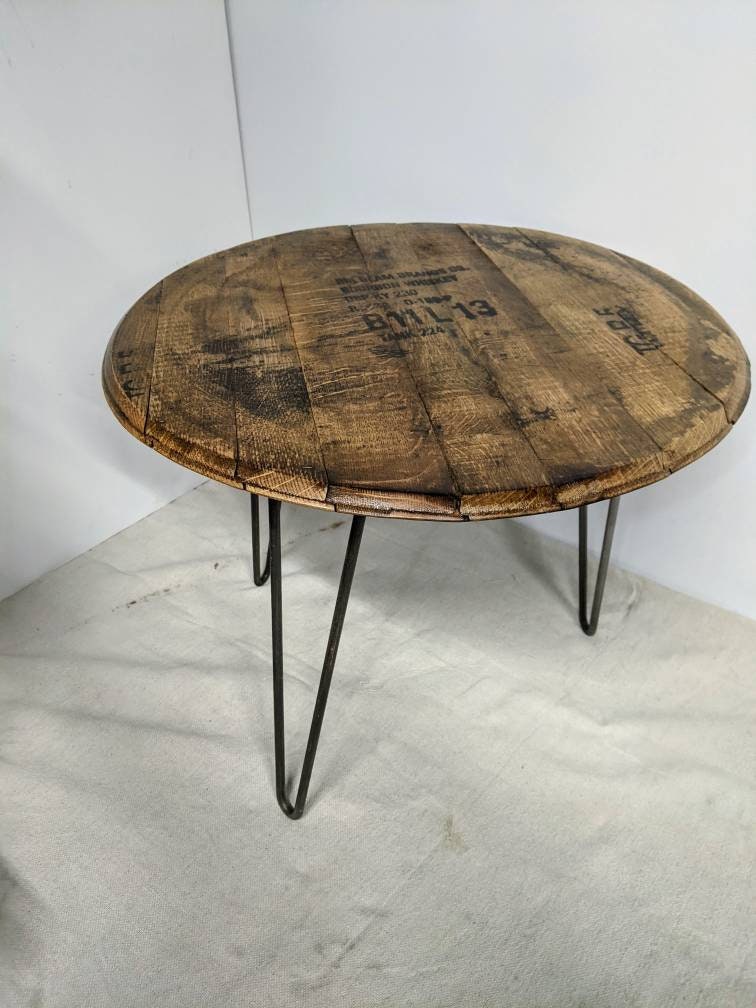 Bourbon Barrel Top Side Table (Hairpin) - Engraved Logo - Image 4