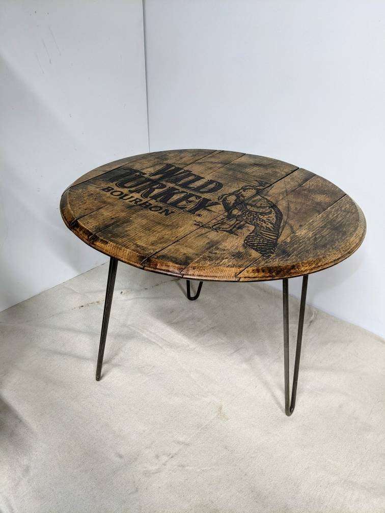 Bourbon Barrel Top Side Table (Hairpin) - Engraved Logo - Image 5