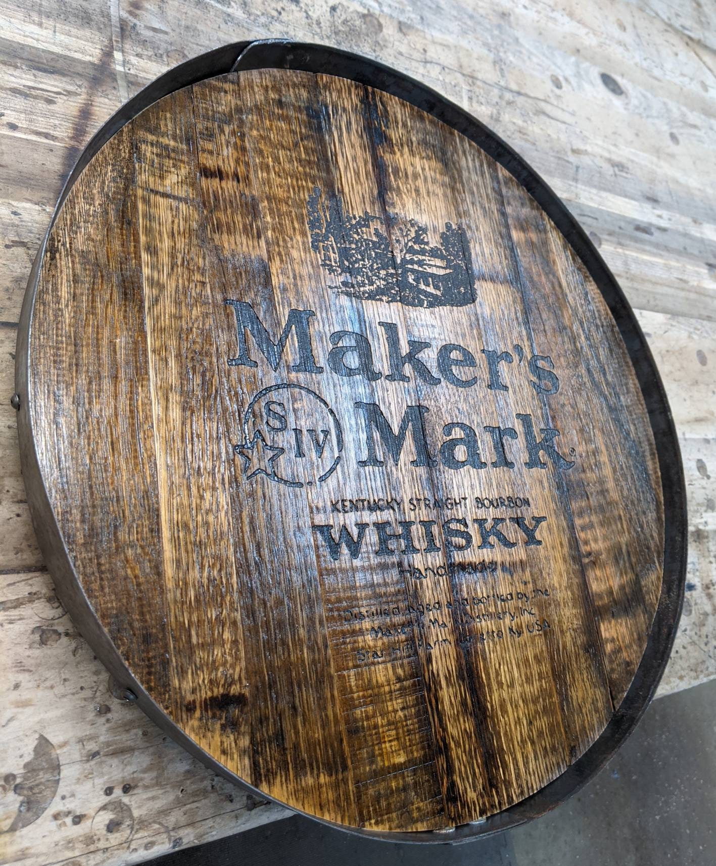 Bourbon Barrel Top Lazy Susan (Metal Band) - Engraved Logo