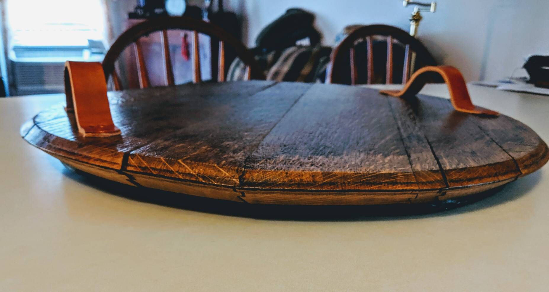 Bourbon Barrel Top Tray (Leather Handles) - Engraved Logo - Image 4