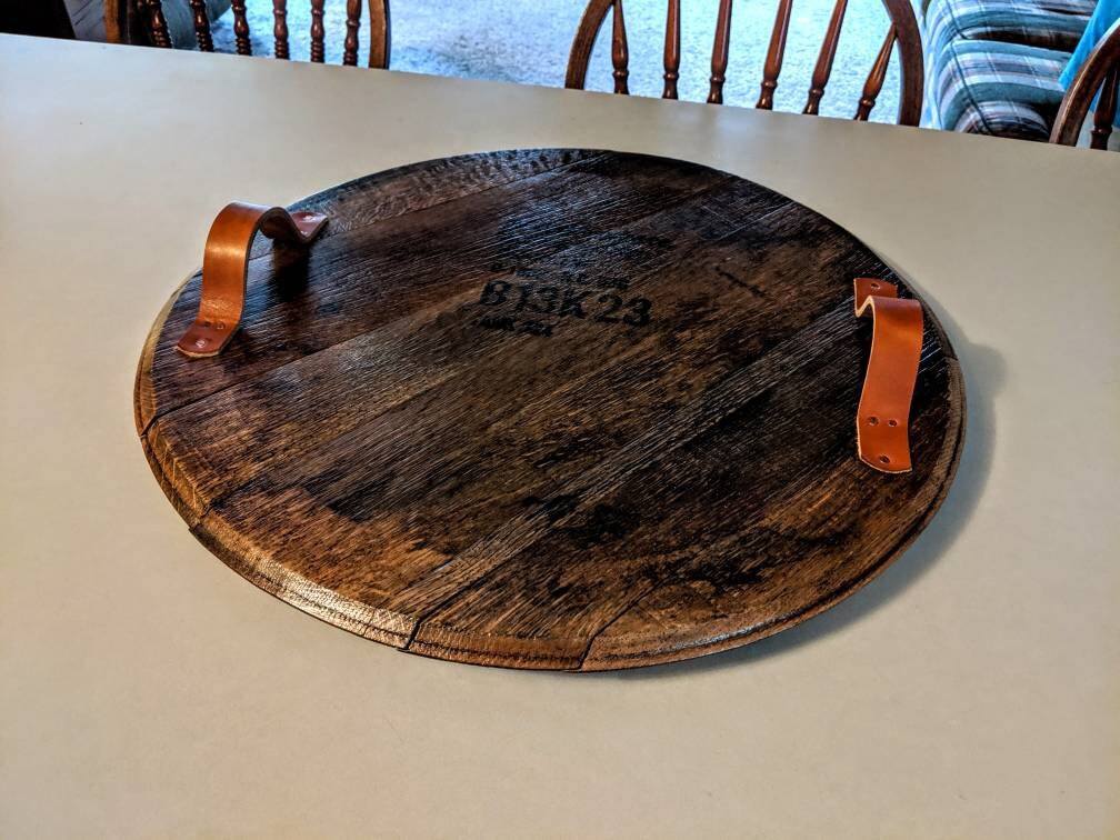 Bourbon Barrel Top Tray (Leather Handles) - Engraved Logo - Image 3