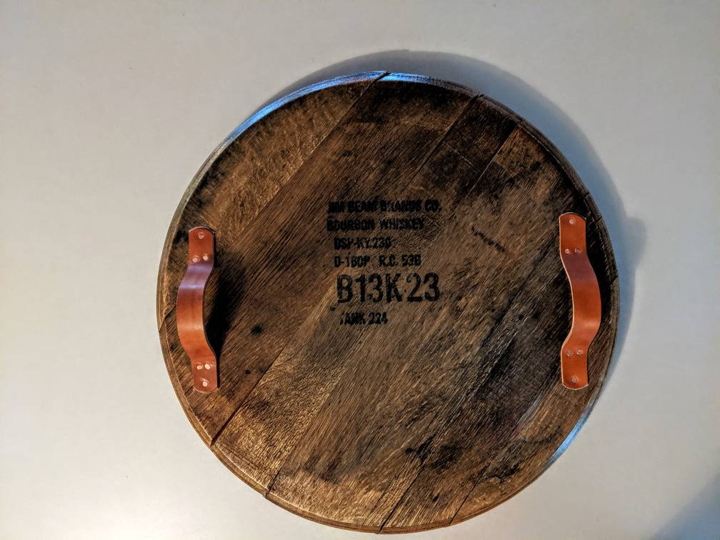 Bourbon Barrel Top Tray (Leather Handles) - Engraved Logo