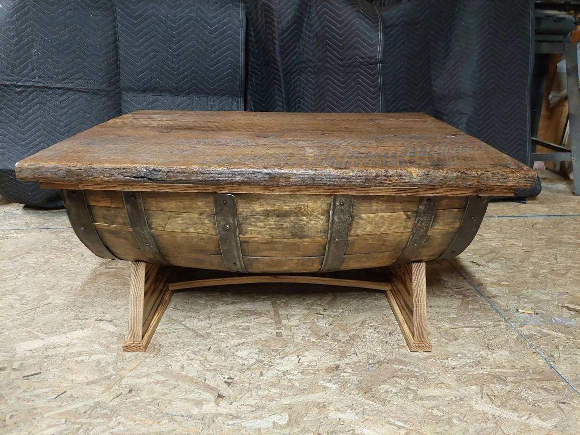 Bourbon Barrel Coffee Table - Barnwood Top