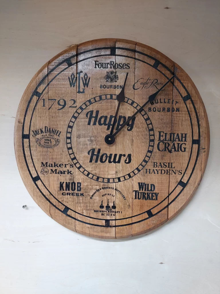 Bourbon Barrel Top Clock (Happy Hours) Engraved Gambill Woodworking