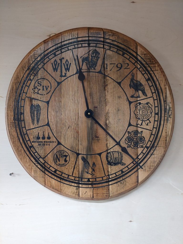 Bourbon Barrel Top Clock (MultiBrand) Engraved Gambill Woodworking
