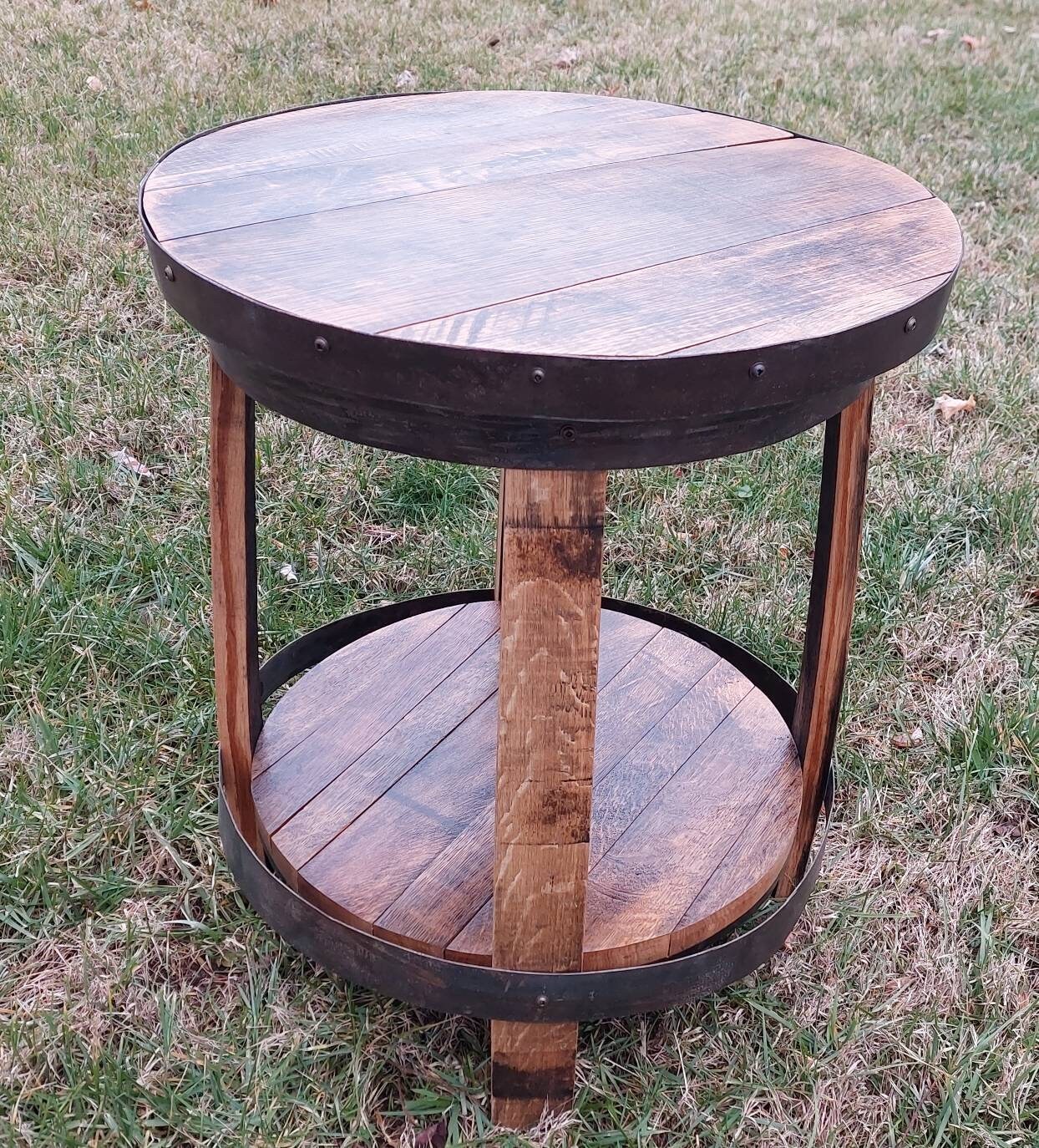 Bourbon Barrel Top End Table (Full Round) - Engraved Logo