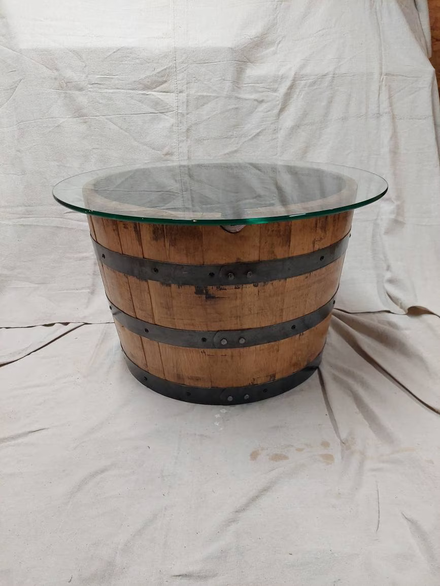 Bourbon Barrel Coffee Table - Glass Top - Image 2